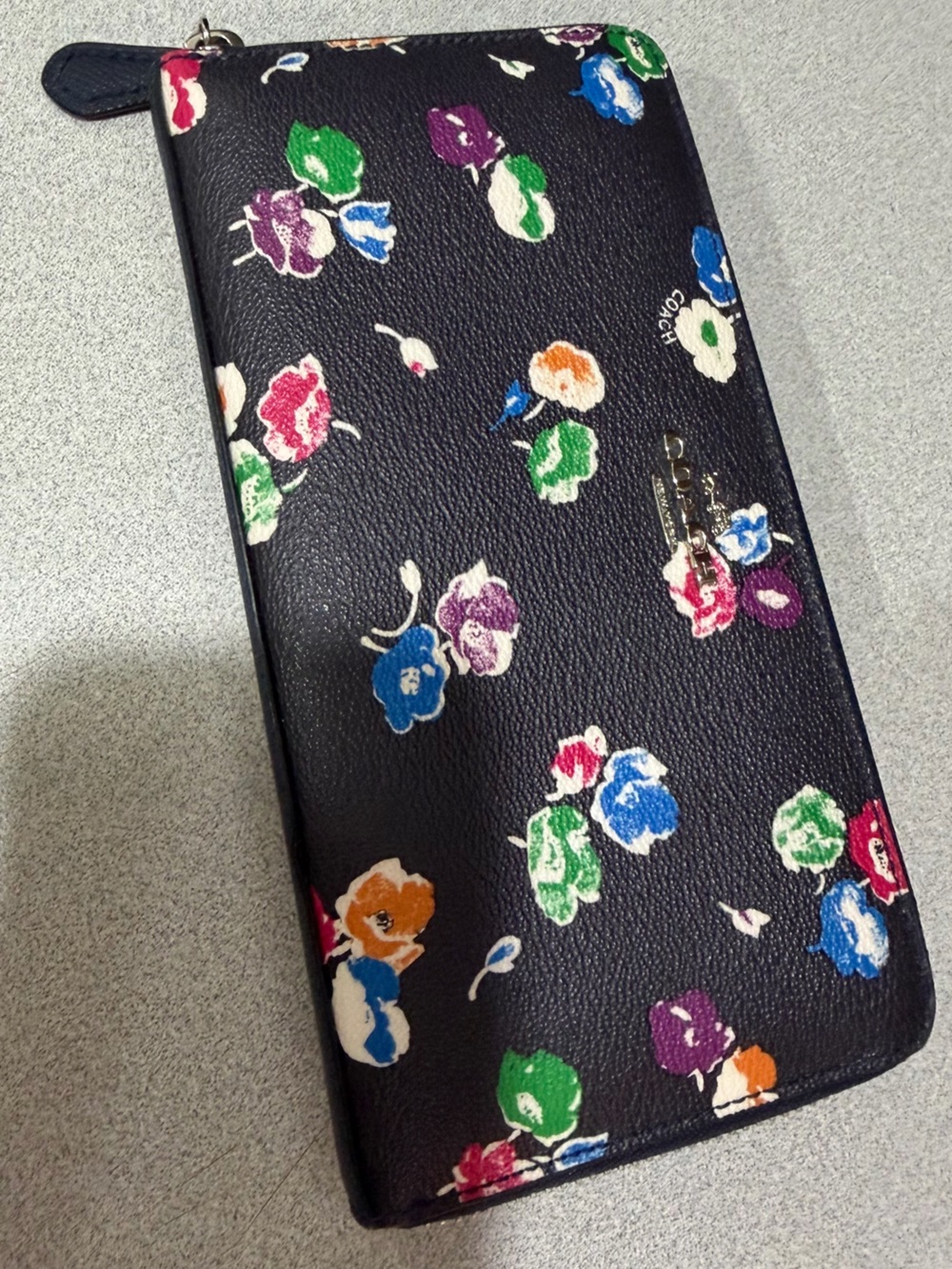 Coach Navy Floral Print Zip Wallet Authentic